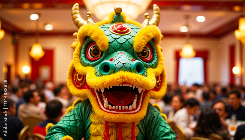 Fototapeta premium Vibrant Chinese Dragon Dance Performance at Festive Indoor Celebration During Chinese New Year