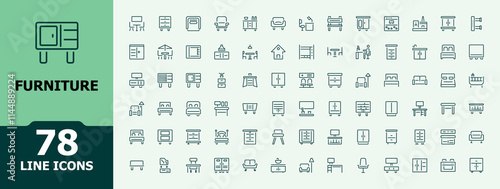 Furniture icons set. Perfect for logos and infographics. Includes icons for chair, book, cabinet, living, house and more. Minimalist editable vector illustration.