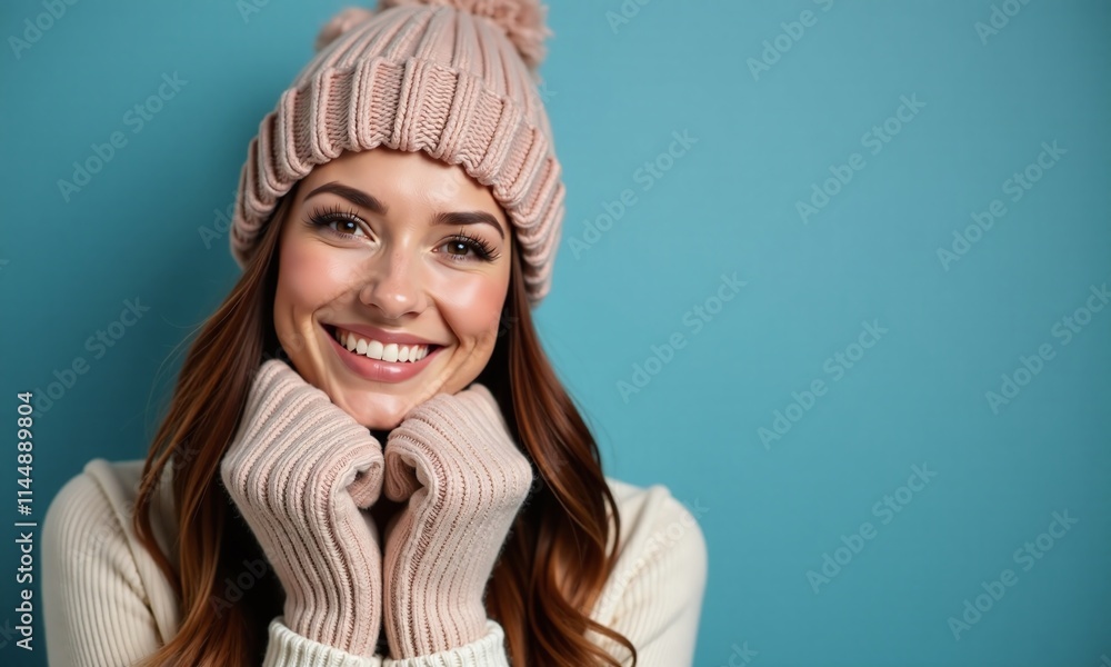 Smiling woman winter clothing knitted hat and scarf Smiling woman winter clothing knitted hat and scarf