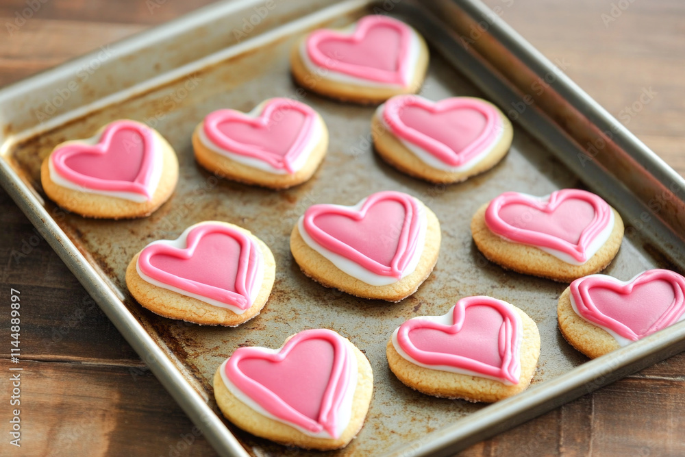 Valentine's day heart-shaped cookies on baking tray with pink icing Valentine's day heart-shaped cookies on baking tray with pink icing