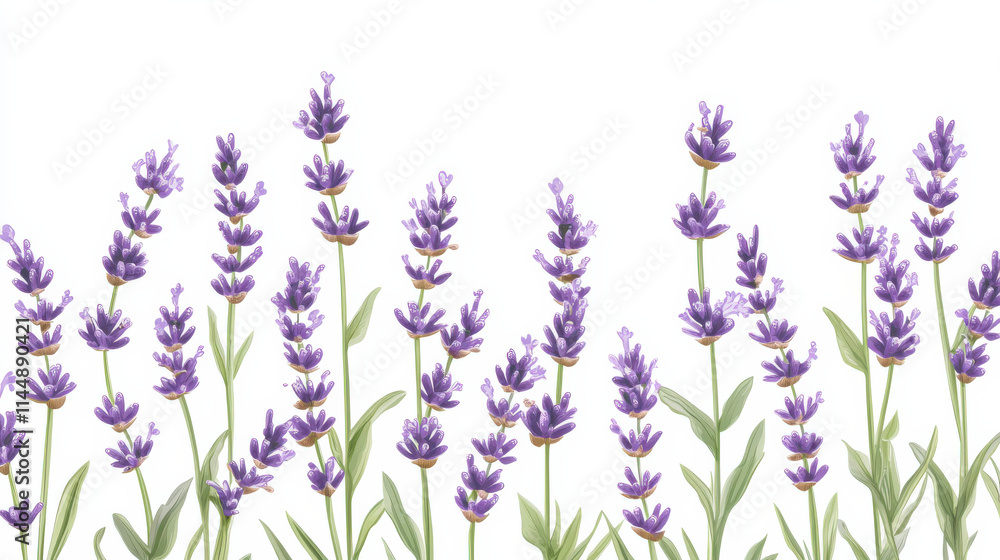 Naklejka premium A minimalist cut-out style graphic of vibrant lavender sprigs, finely detailed petals, soft green stems, sharp separation from a clean white background, emphasized vivid purples and subtle texture, hd