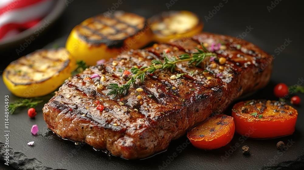 Grilled steak with vegetables on a slate plate. Grilled steak with vegetables on a slate plate.