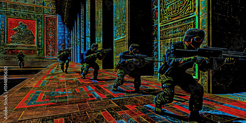 Four Soldiers in Neon-Lit Ancient Corridor