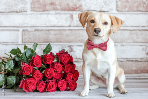 Adorable dog in red bow tie with bouquet of red roses against brick wall photo