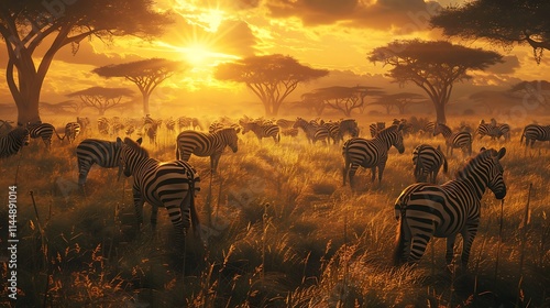 Group of zebras in the wild at sunset, Kruger Park, South Africa