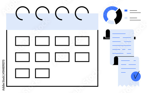 Large calendar with several empty date boxes, a detailed receipt with a checkmark, and pie charts for analytics. Ideal for business planning, time management, financial tracking, scheduling