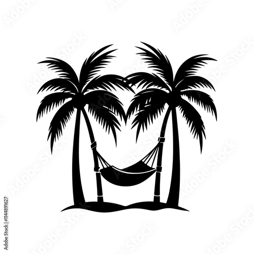 hammock between two palm trees silhouette, black and white silhouette, vector and illustration