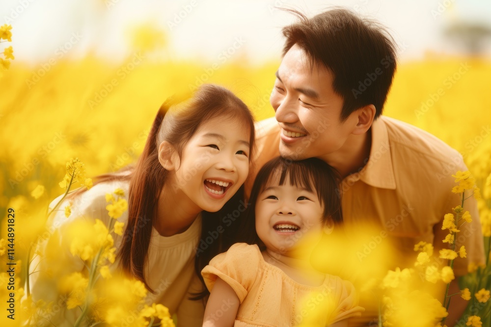 Happy father and daughters having fun in a yellow field in spring Happy father and daughters having fun in a yellow field in spring