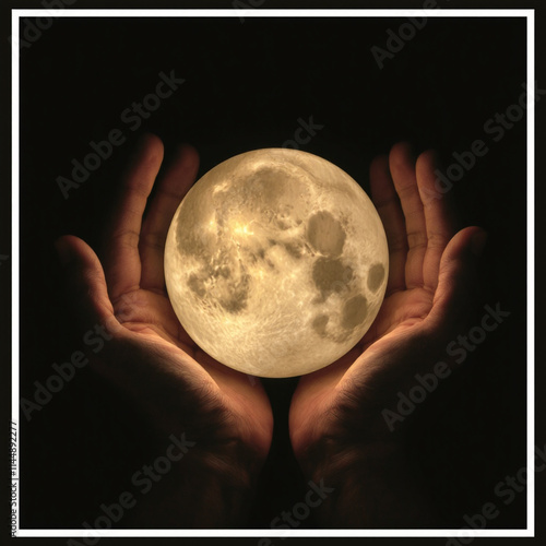 Hand is holding magic moon. Full moon on hand and moon light with the black background. photo