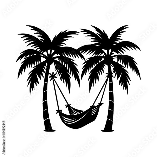  hammock between two palm trees silhouette, black and white silhouette, vector and illustration