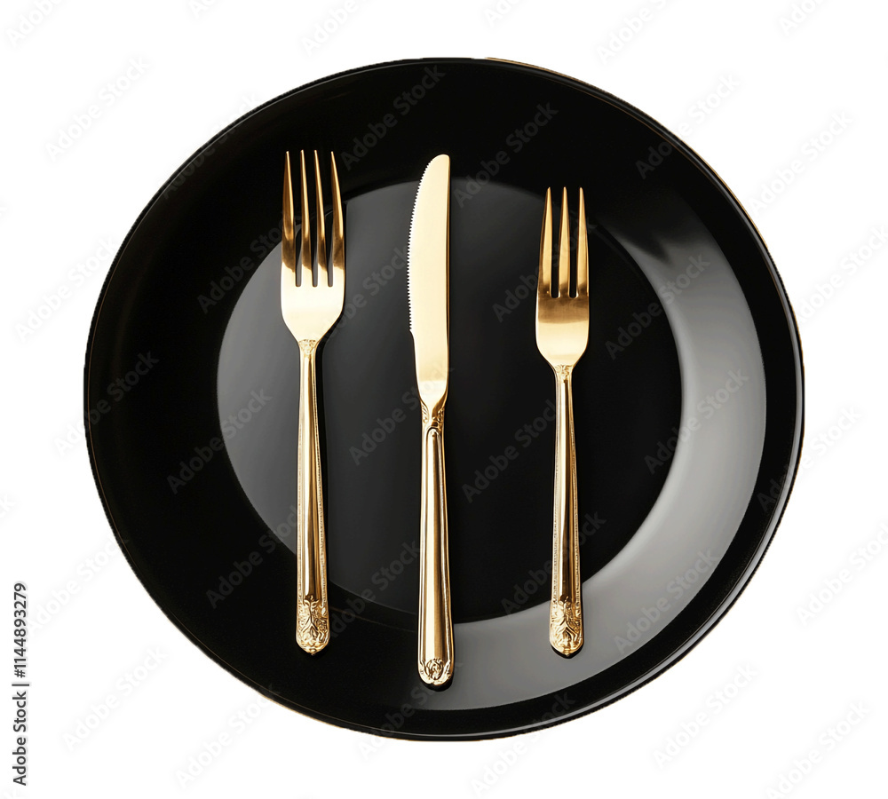 Elegant Black Plate with Golden Fork and Knife, Stylish Table Setting for Luxurious Dining and Special Occasions - Isolated on Transparent Background . ai generated Elegant Black Plate with Golden Fork and Knife, Stylish Table Setting for Luxurious Dining and Special Occasions - Isolated on Transparent Background . ai generated