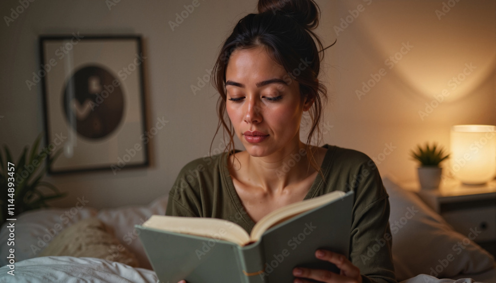 Woman reading a book in cozy bedroom at night
Woman reading a book in cozy bedroom at night