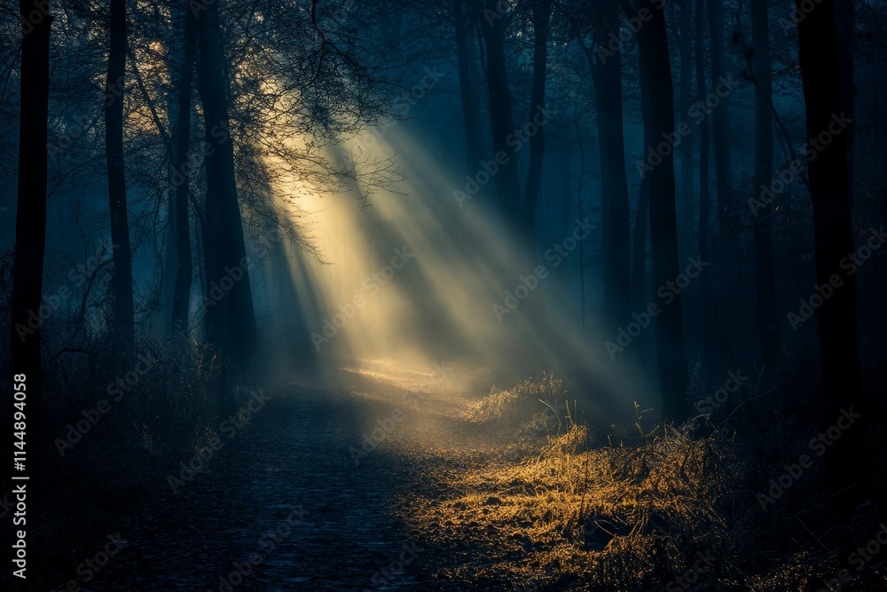 Obraz premium Sunbeams illuminate misty forest path.