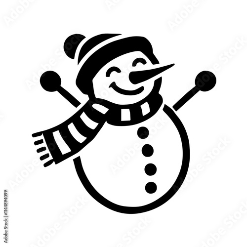 Clean black and white vector silhouette of snowman on white background