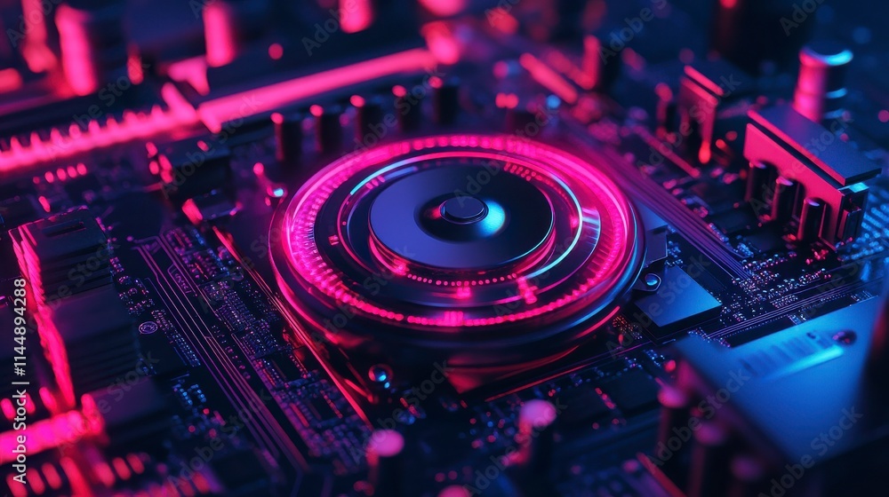 Fototapeta premium Futuristic Close-Up of a Computer Circuit Board with Vibrant Neon Colors and Technological Patterns Showcasing Advanced Digital Design and Innovation