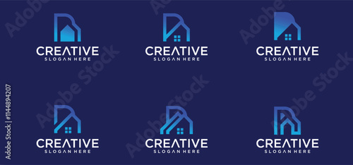 R letter house logo design in dot line art style, building technology R letter logo, modern buiding logo.