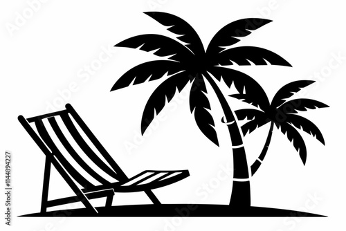 beach chair and palm tree line art silhouette vector illustration