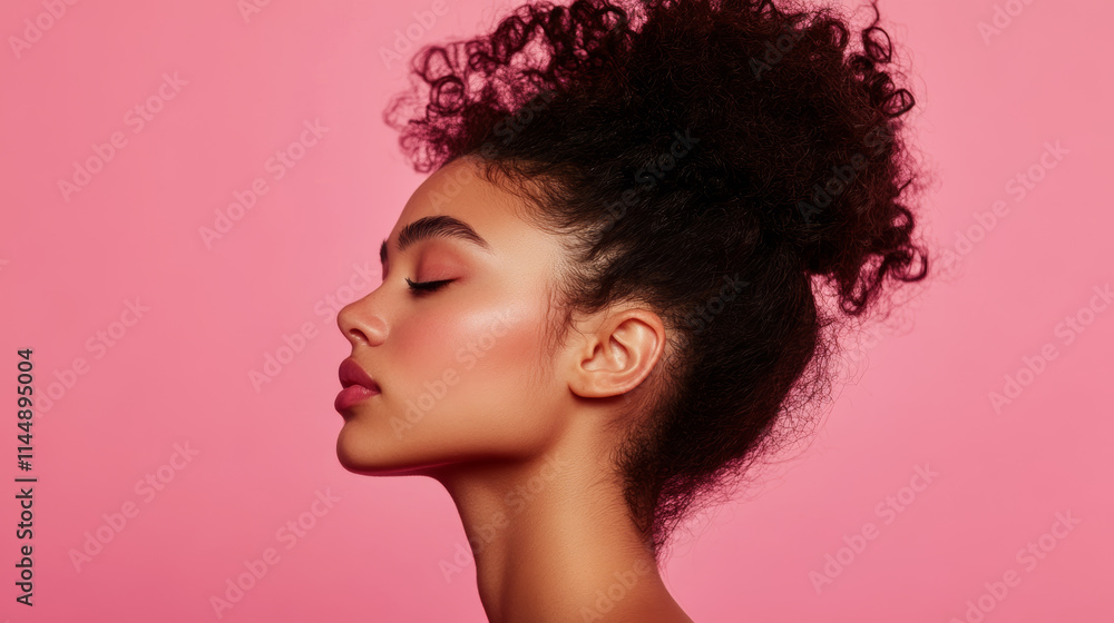 Profile of a young woman with curly hair against a bright pink background showcasing natural beauty and confidence Profile of a young woman with curly hair against a bright pink background showcasing natural beauty and confidence
