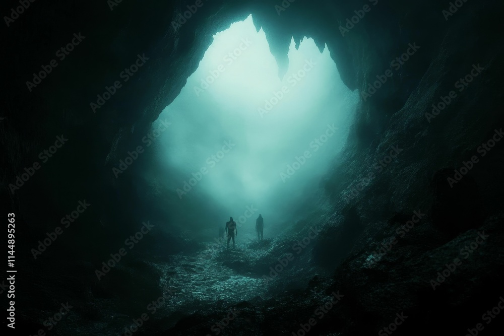 Obraz premium Figures silhouetted, misty cavern, ethereal light.