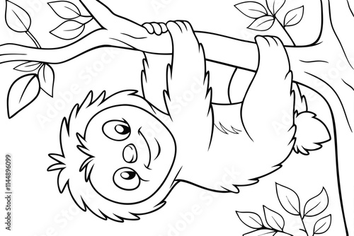 Adorable Sloth Hanging on Tree Branch Coloring Page Illustration