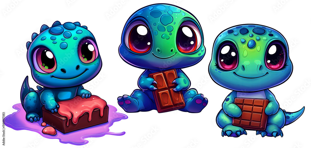 Obraz premium Cute green dinosaur with chocolate bar PNG. Valentine's day Dino with candy treat clipart set