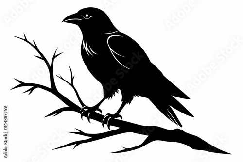 crow setting on a branch line art silhouette vector illustration