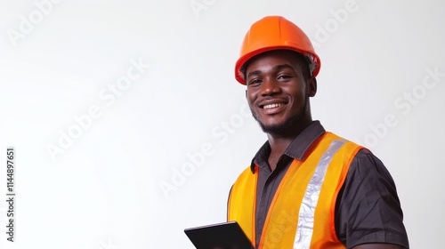 Smiling African-American construction worker in an orange hard hat and reflective vest holding a tablet on white background with copy space. photo