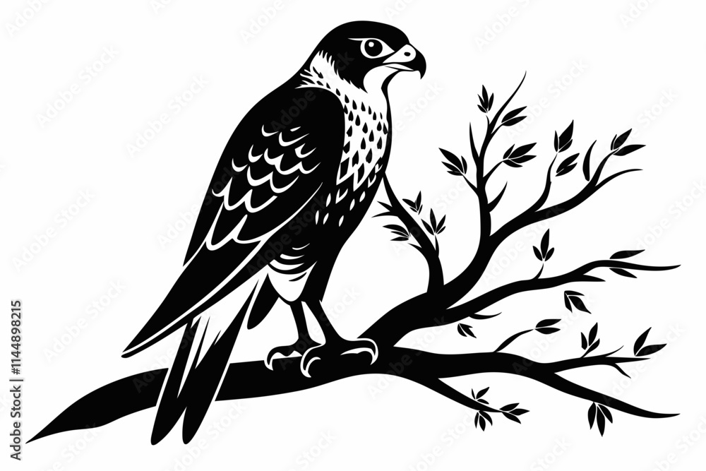 Fototapeta premium falcon on the tree branch line art silhouette vector illustration