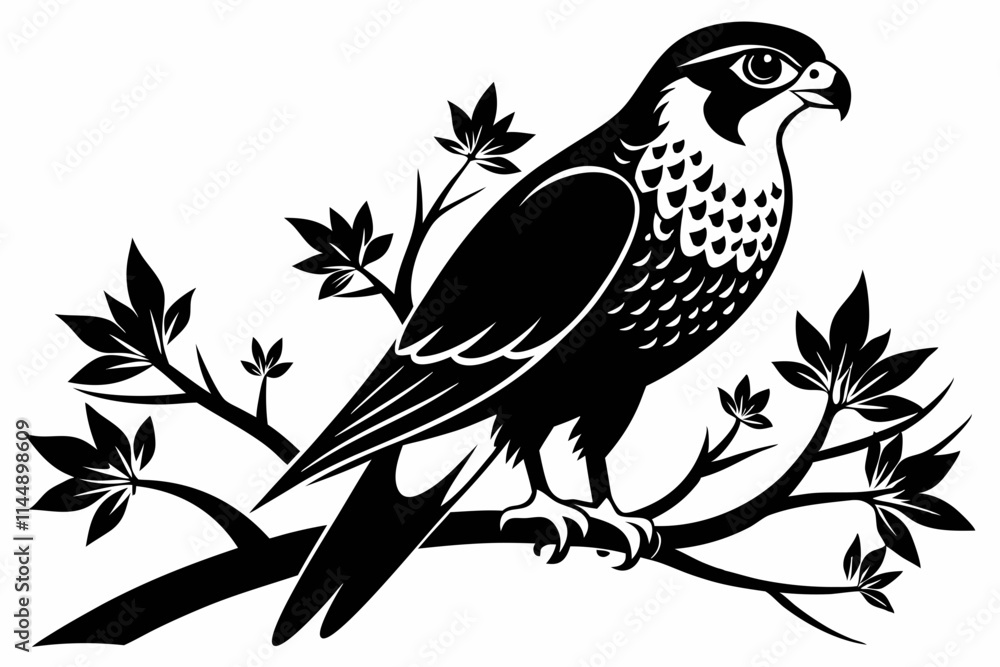 Fototapeta premium falcon on the tree branch line art silhouette vector illustration
