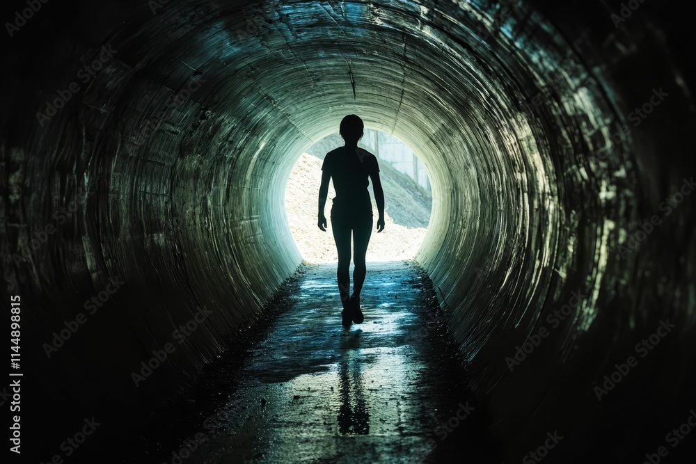 Silhouette walks through dark, circular tunnel toward light. Silhouette walks through dark, circular tunnel toward light.