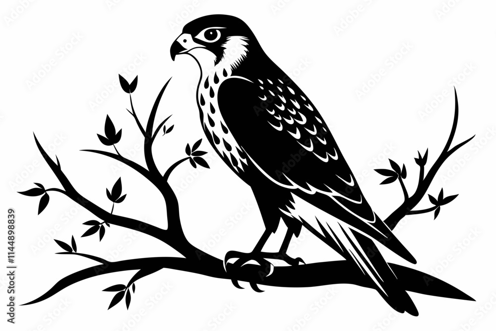 Fototapeta premium falcon on the tree branch line art silhouette vector illustration