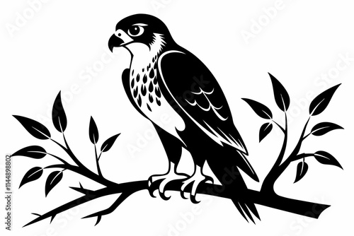 falcon on the tree branch line art silhouette vector illustration