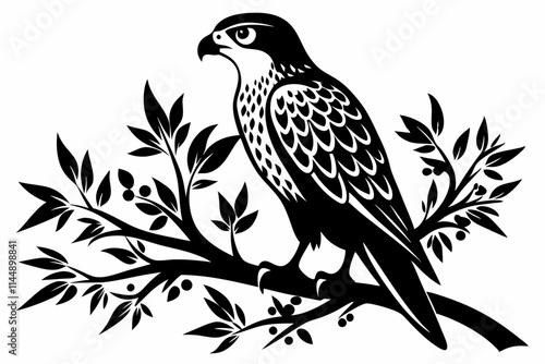 falcon on the tree branch line art silhouette vector illustration