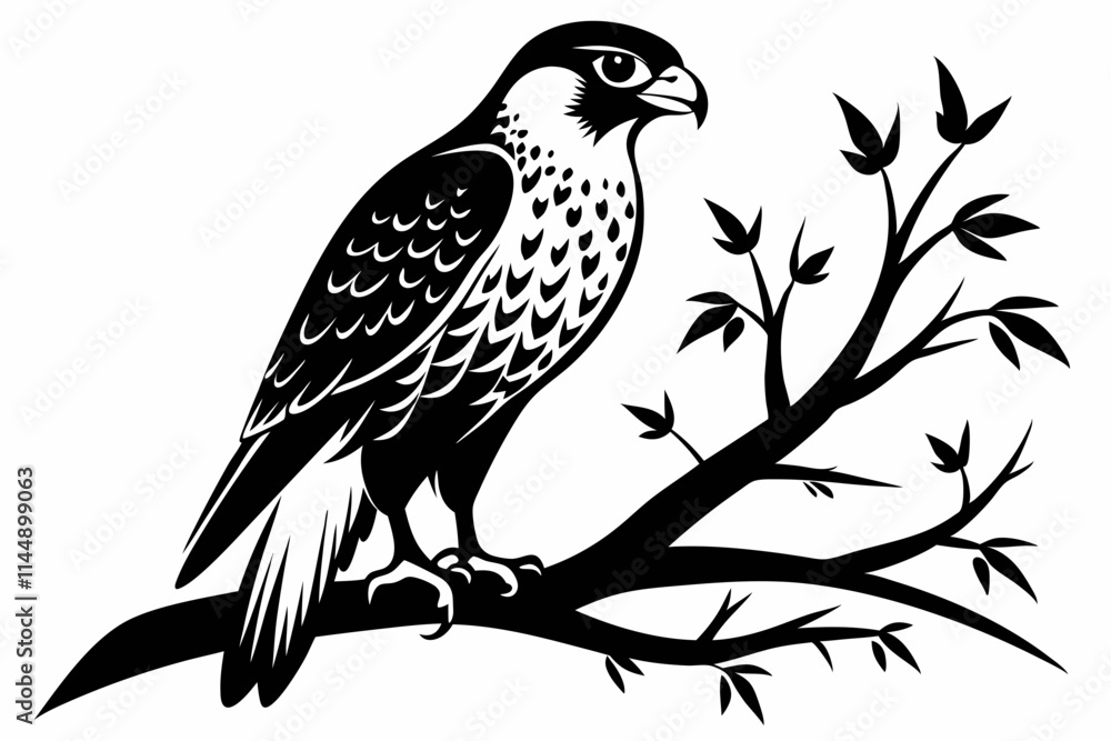 Fototapeta premium falcon on the tree branch line art silhouette vector illustration