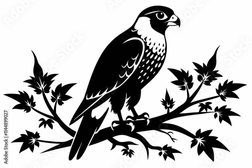 falcon on the tree branch line art silhouette vector illustration