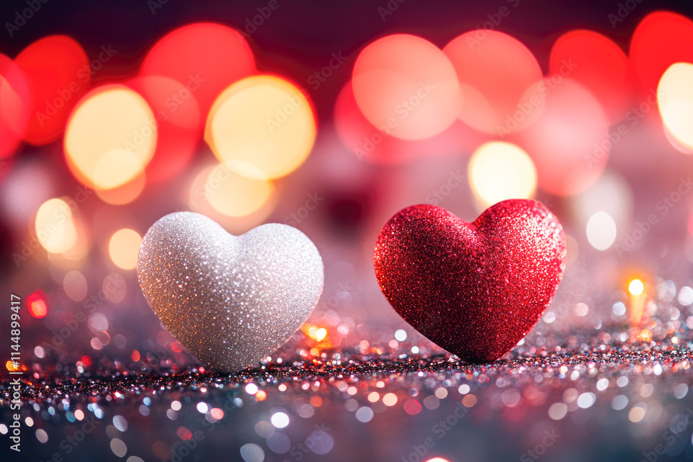 Glittering red and white hearts on sparkling surface with bokeh lights Glittering red and white hearts on sparkling surface with bokeh lights