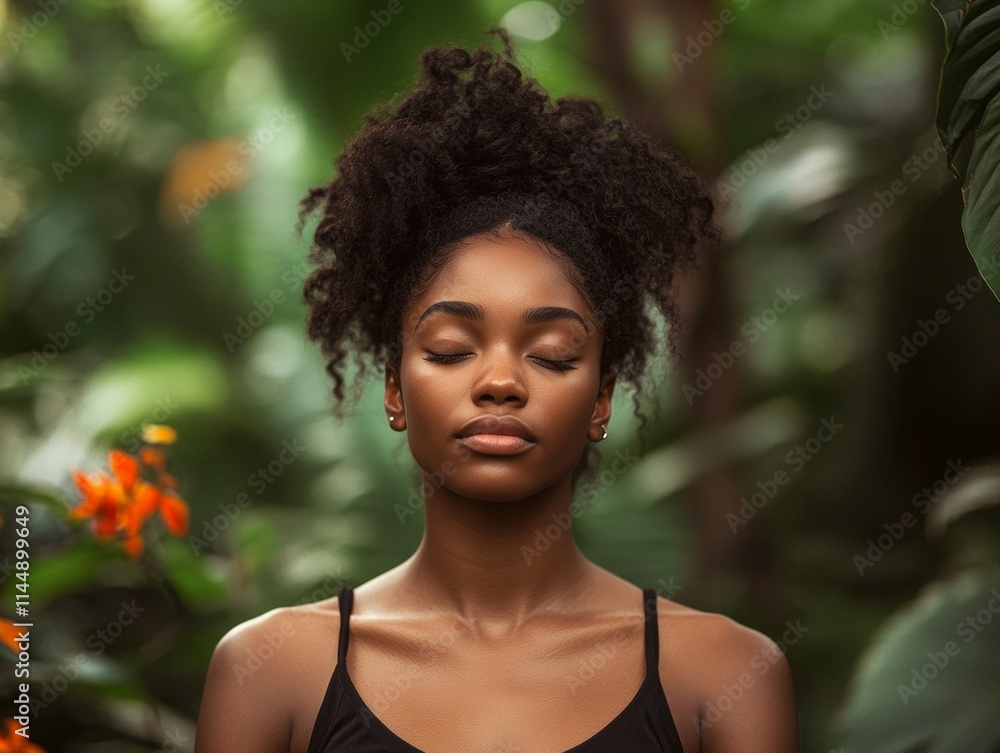 Serene Meditation Young Woman Embracing Natures Calm in Lush Garden Serene Meditation Young Woman Embracing Natures Calm in Lush Garden