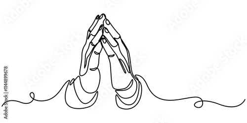 Continuous one line drawing of human hands folded in prayer, Hands folded in prayer one line drawing on white isolated background, Continuous one line drawing of human hands folded in prayer.