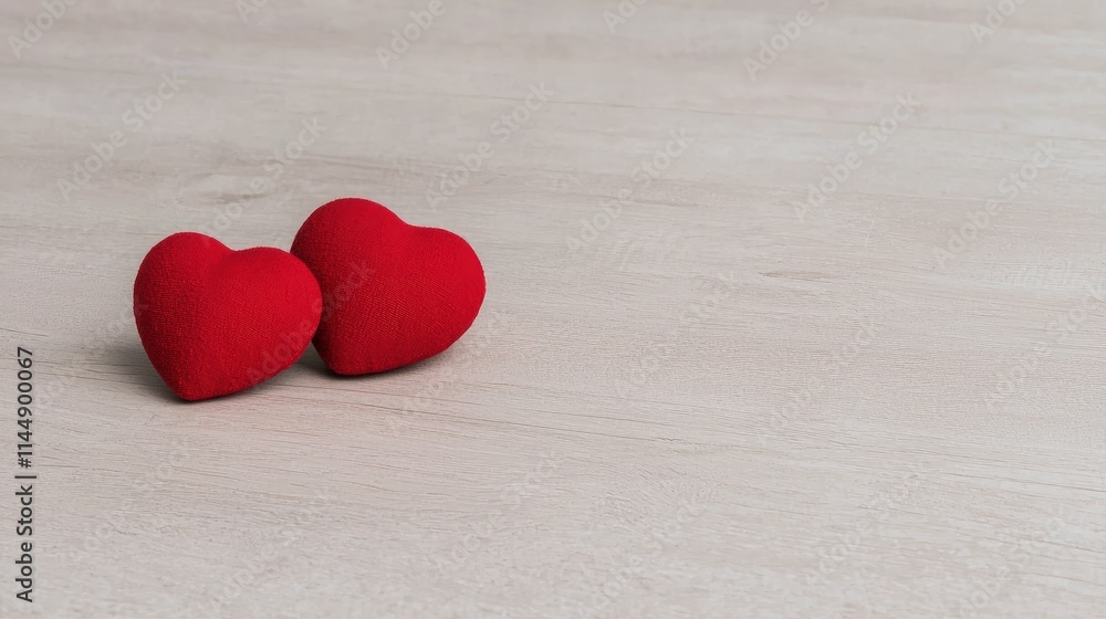 Fototapeta premium Two small red textured hearts resting on a light grey wooden background with copy space.