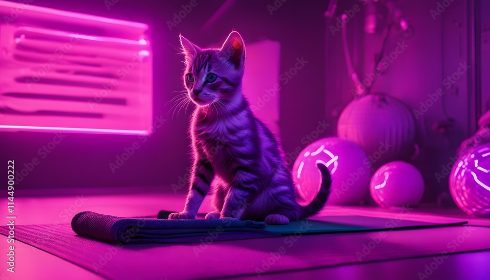 Kitten sitting on a yoga mat. The cat is on the mat for yoga, fitness Kitten sitting on a yoga mat. The cat is on the mat for yoga, fitness
