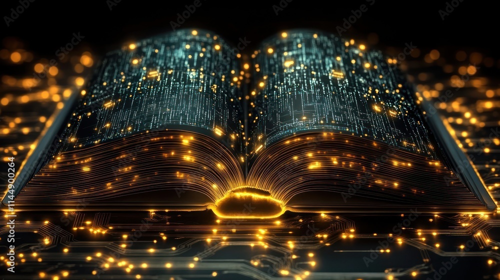 Fototapeta premium An illuminated book with glowing data particles.