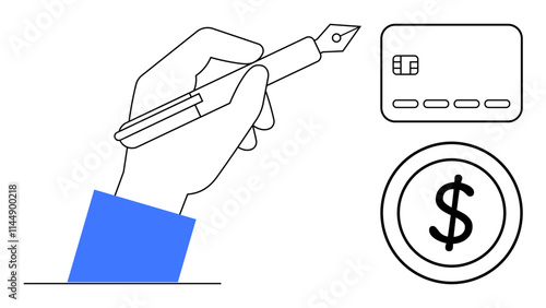 Hand holding pen for signing or writing action next to credit card and dollar symbol. Ideal for banking, finance, payments, agreements, business transactions, financial services, contracts. Line