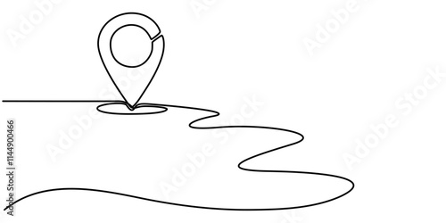 continuous one line google map point route directions and location outline vector art illustration, Single line is creating a location pin over a wavy road. Vector illustration, Continuous one line.