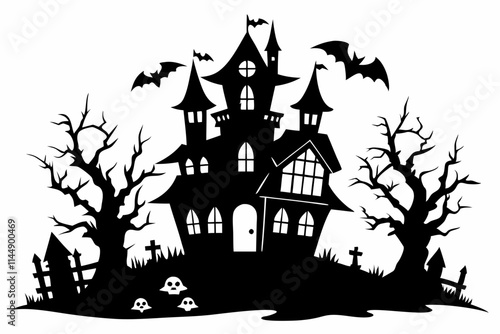 Haunted Halloween house line art silhouette vector illustration photo