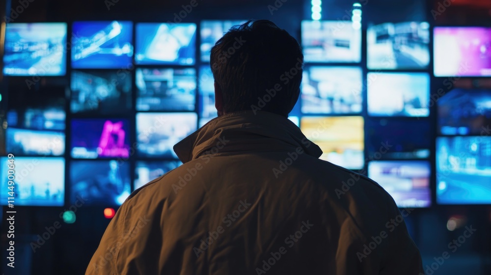 Man in front of TV wall Man in front of TV wall