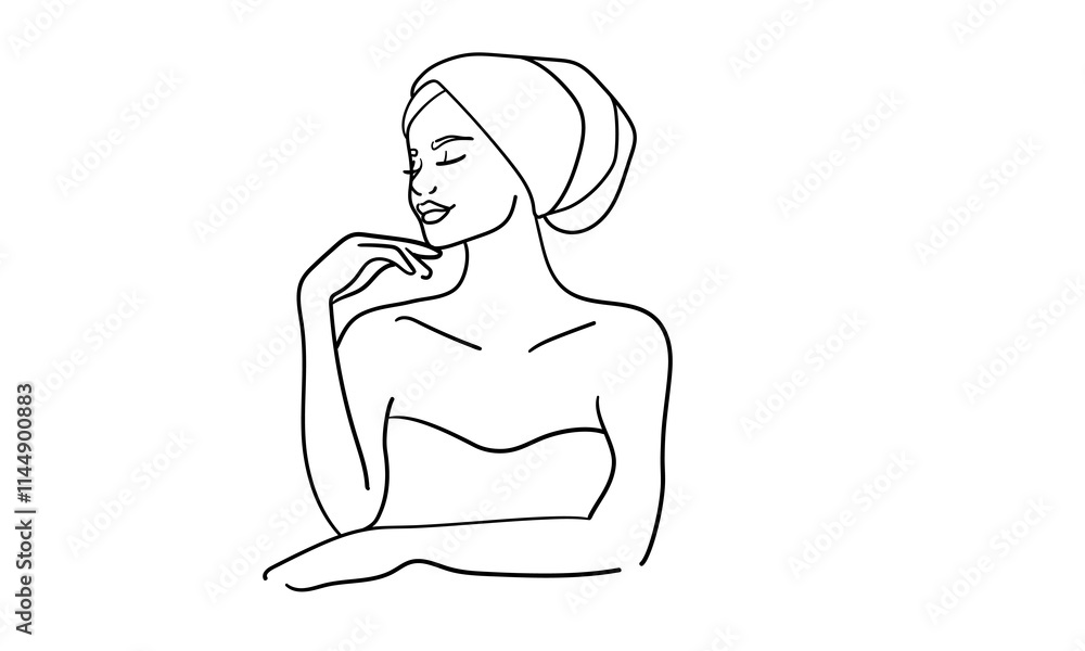 Elegant woman in spa salon continuous line art drawing isolated on white background. Self care and beauty. Vector illustration