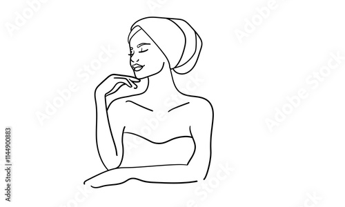 Elegant woman in spa salon continuous line art drawing isolated on white background. Self care and beauty. Vector illustration