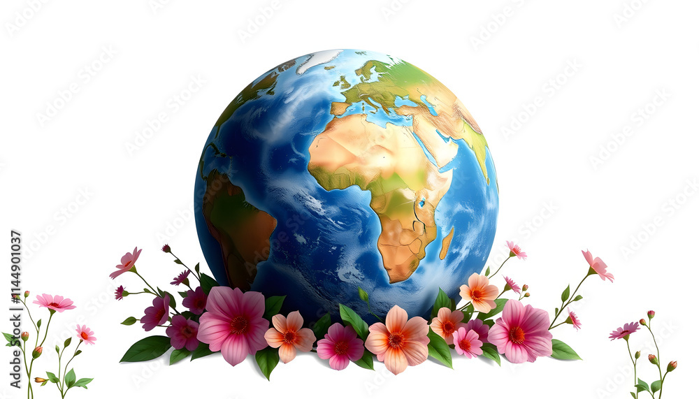 Lonely earth planet isolated on white background with flowers around vector style or icon, vibrant Lonely earth planet isolated on white background with flowers around vector style or icon, vibrant