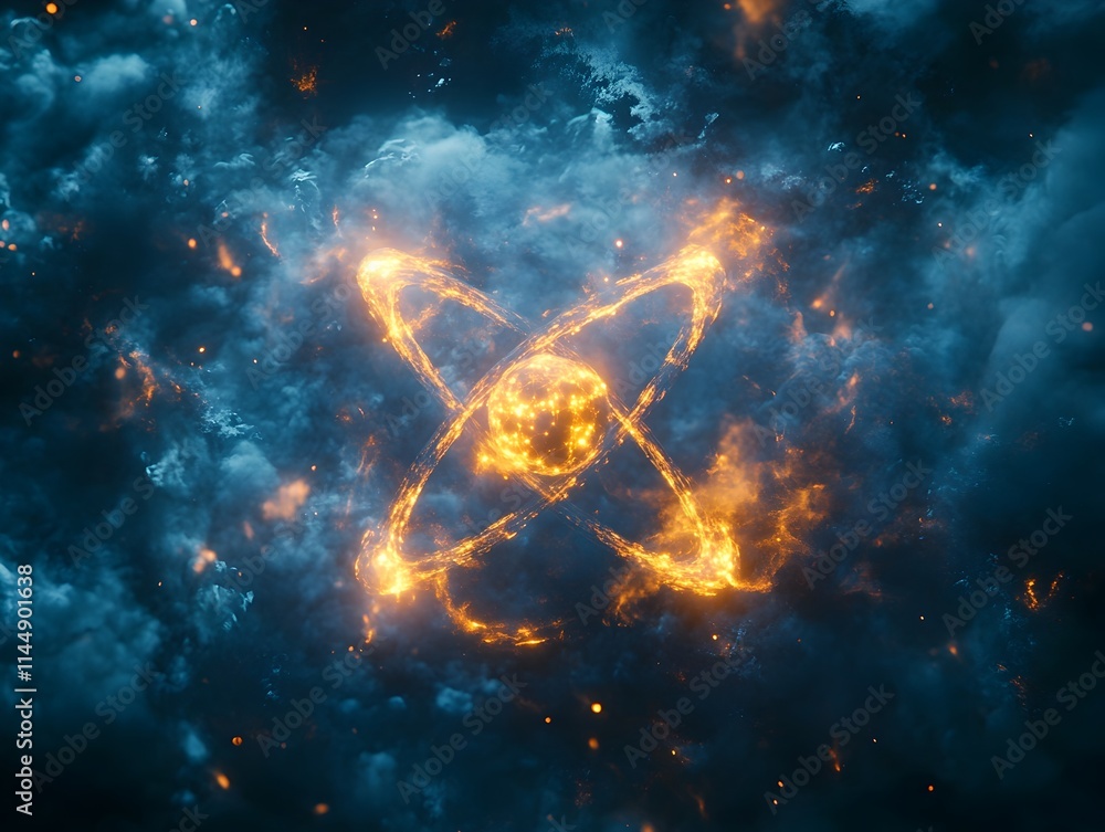 Obraz premium Dramatic cinematic depiction of a technetium atom highlighting its applications in medical imaging and treatment portrayed in a high contrast moody lighting setup with a sense of depth and atmosphere