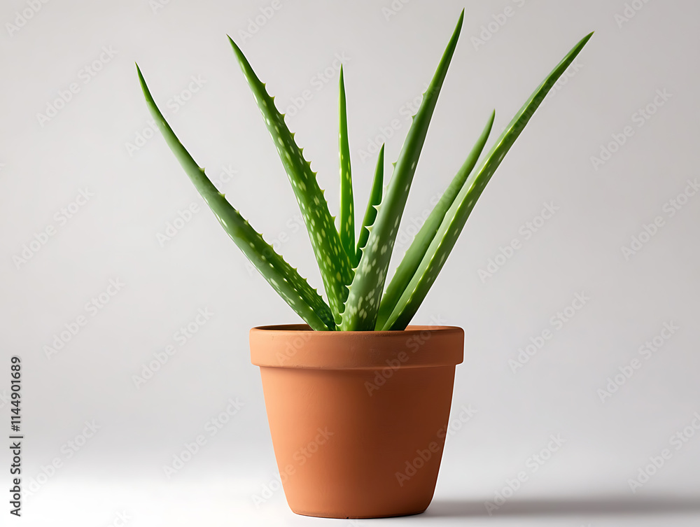 Aloe Vera Plant in Clay Pot: A single aloe vera plant thrives in a terracotta pot against a minimalist backdrop Aloe Vera Plant in Clay Pot: A single aloe vera plant thrives in a terracotta pot against a minimalist backdrop